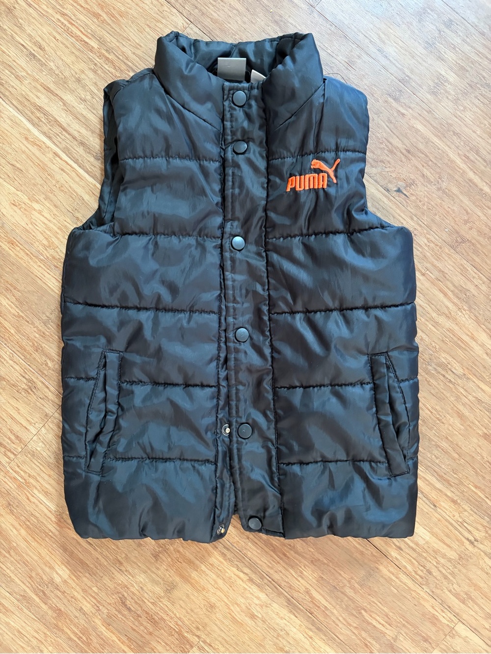 Kids Puma Black Puffer Vest with Orange Logo, Sz 6